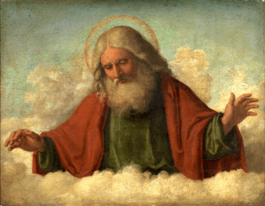 Portrayal of the Christian God (the Father) as he surveys His people on earth.
